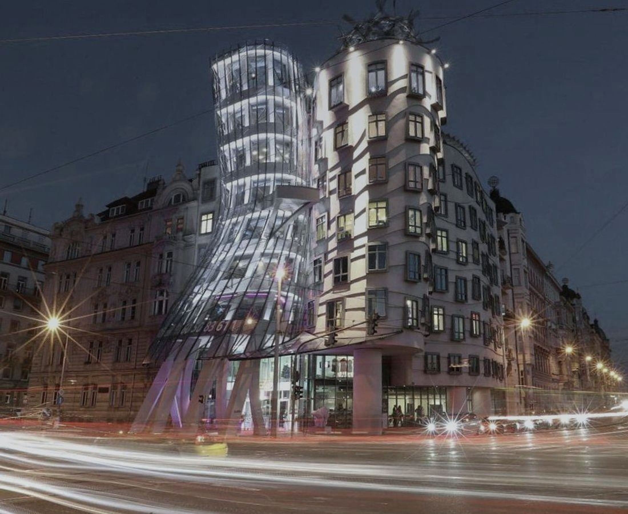 The Dancing House in Prague at dusk