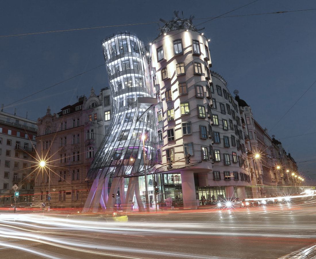 The Dancing House in Prague at dusk